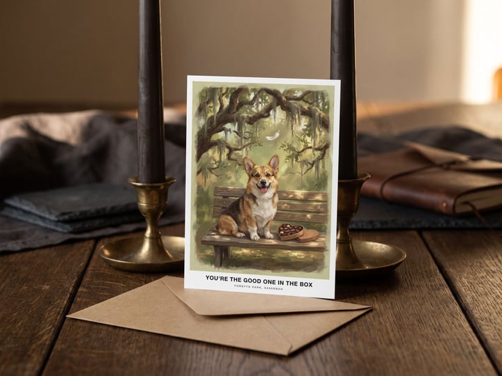 The "The Bench in Savannah" card — between two unlit taper candles