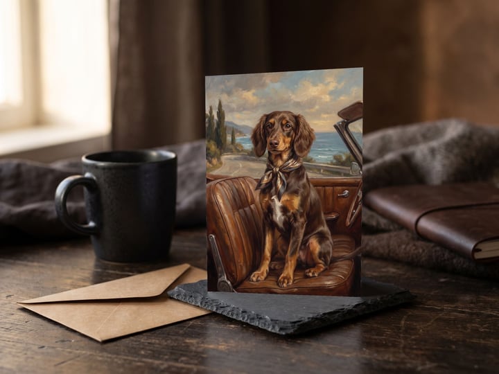 The "Riding Shotgun" card — on a slate coaster beside a stoneware mug