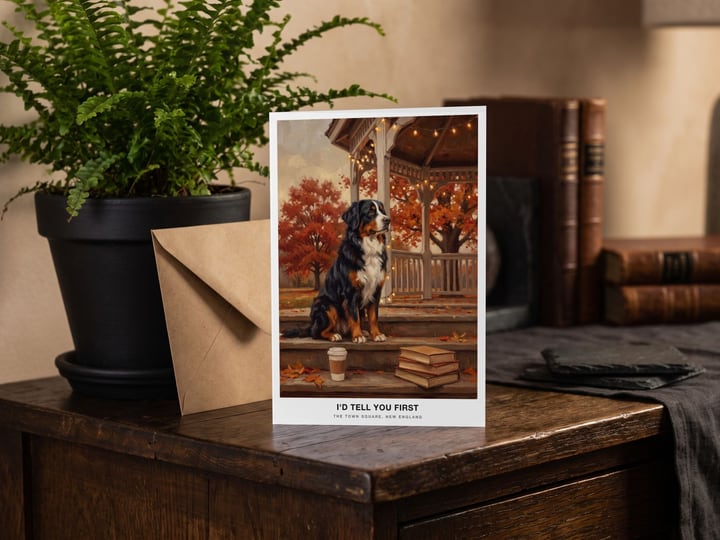 The "The Town Square" card — beside a potted fern on a sideboard
