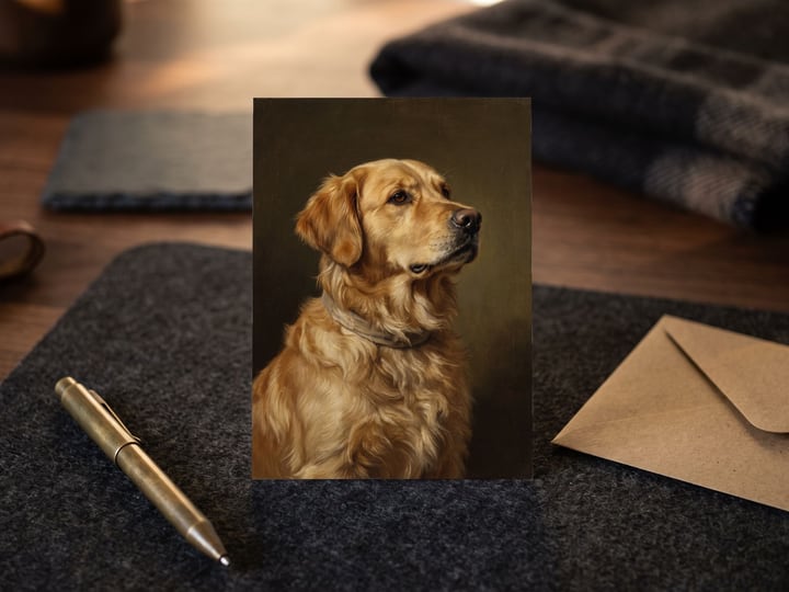 The "The Keepsake" card — on a felt desk pad beside a brass pen
