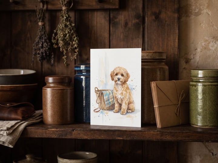 The "Welcome Home" card — on a pantry shelf between stoneware jars