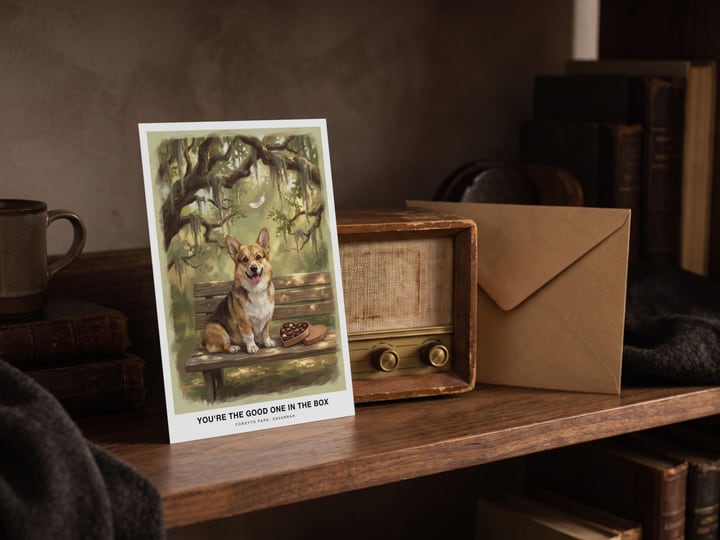 The "The Bench in Savannah" card — beside a vintage wooden radio