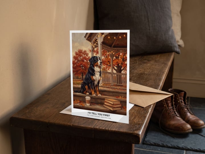 The "The Town Square" card — on a mudroom bench beside leather boots