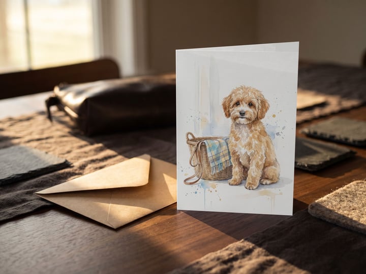 The "Welcome Home" card — in a shaft of window light beside an envelope