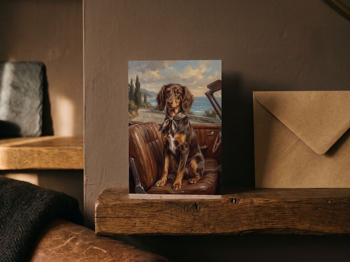 The "Riding Shotgun" card — on a mantel with two envelopes leaning behind