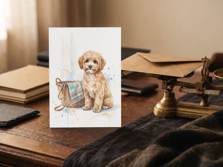 The "Welcome Home" card — beside a brass letter scale