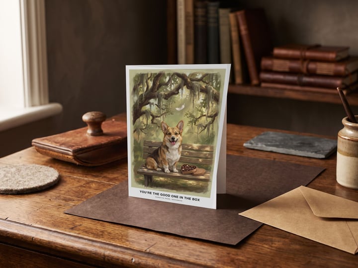 The "The Bench in Savannah" card — beside blotting paper