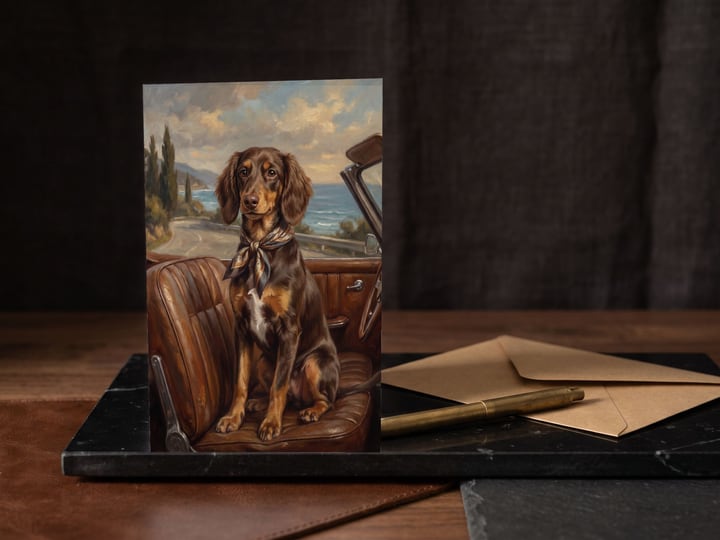 The "Riding Shotgun" card — on black marble beside a brass pen