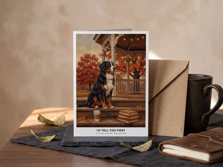 The "The Town Square" card — beside an envelope leaning on a mug