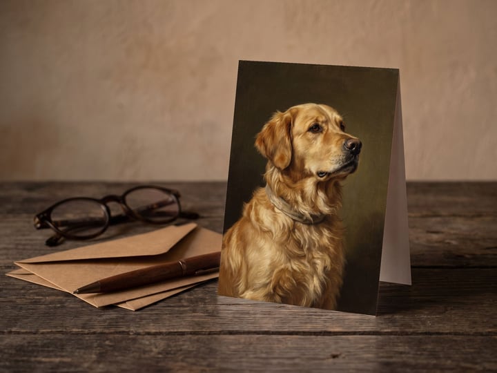 The "The Keepsake" card — beside glasses, a pen and envelopes