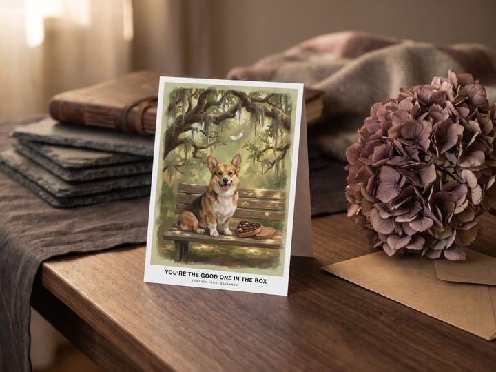 The "The Bench in Savannah" card — beside a dried hydrangea