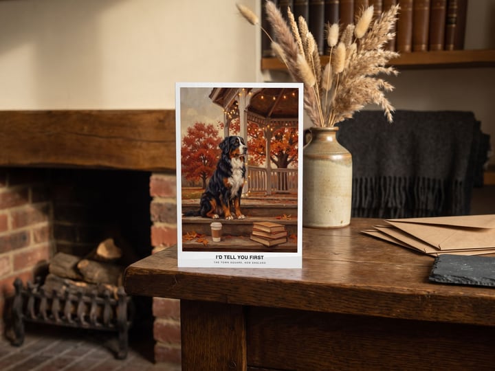 The "The Town Square" card — on an oak mantel beside a vase of dried grasses