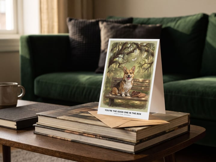 The "The Bench in Savannah" card — on a stack of art books on a coffee table