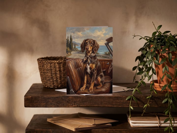 The "Riding Shotgun" card — on a hallway shelf beside a woven basket