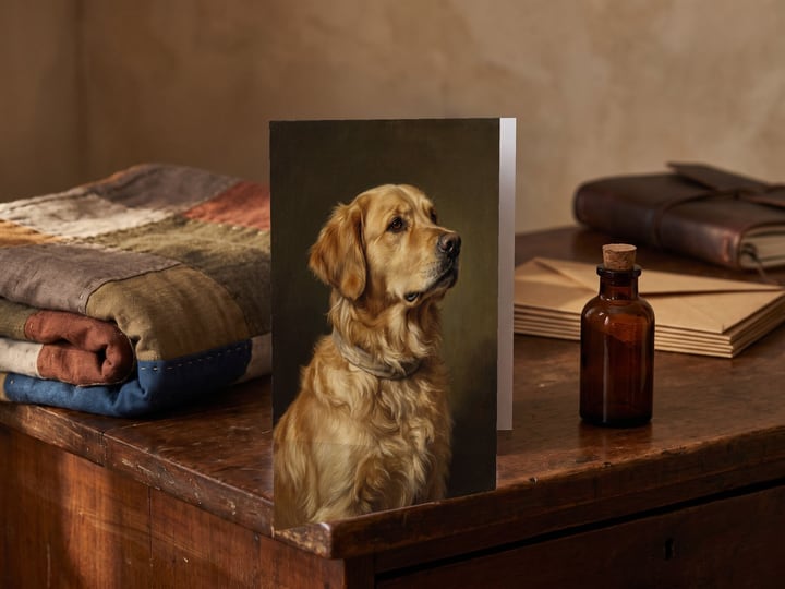 The "The Keepsake" card — on a dresser beside a folded quilt