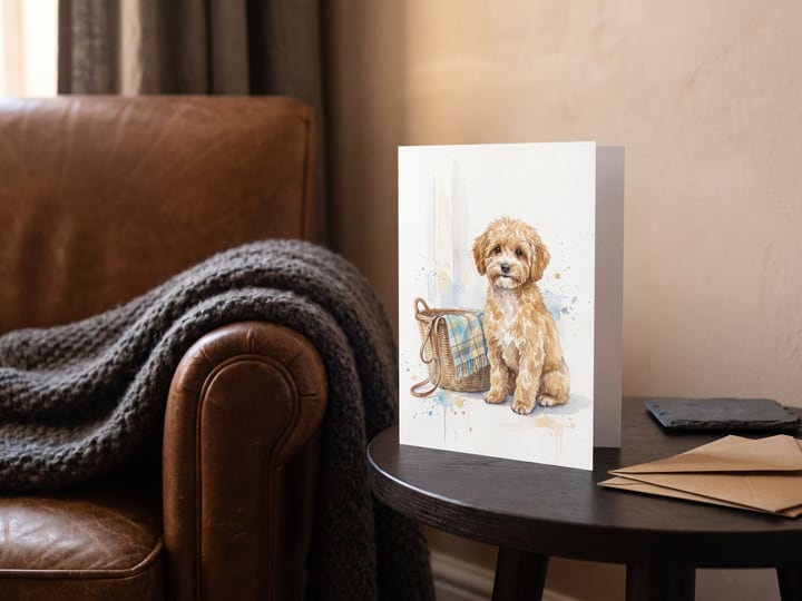 The "Welcome Home" card — on a side table in a reading nook