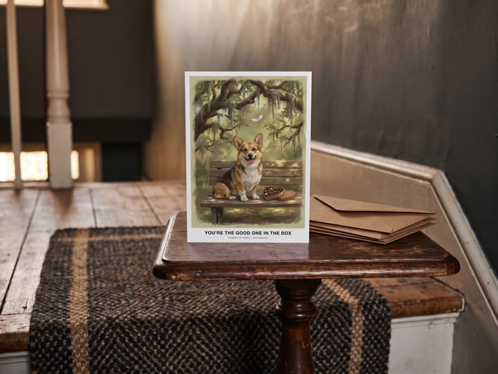 The "The Bench in Savannah" card — on a table at a staircase landing