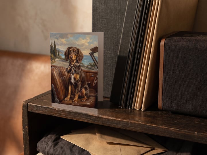 The "Riding Shotgun" card — on a shelf beside vinyl records