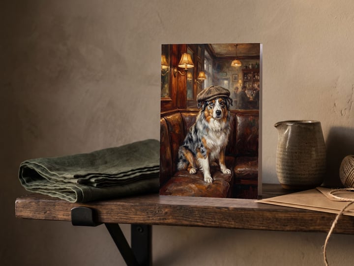 The "Golden Hour" card — on an iron-bracket shelf beside folded linen