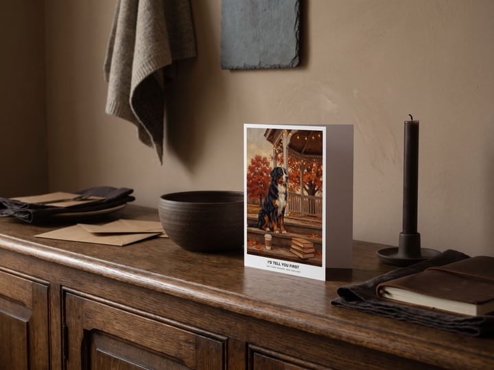 The "The Town Square" card — on an oak sideboard beside a stoneware bowl