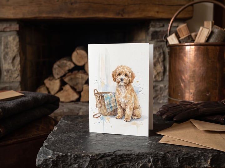 The "Welcome Home" card — on a stone hearth beside a copper log bucket
