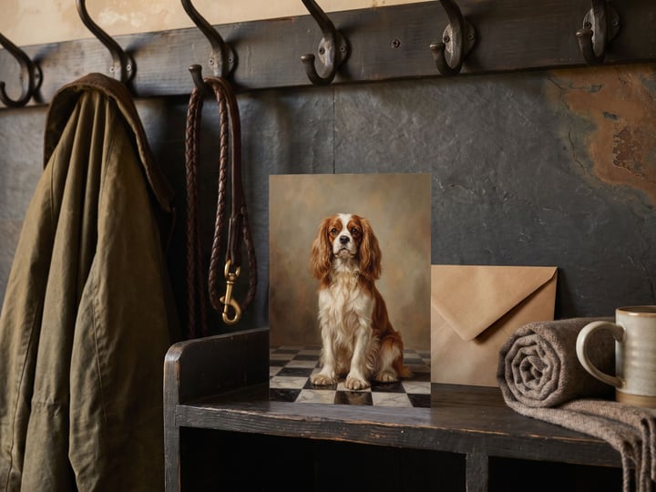 The "The Aristocrat" card — on a mudroom shelf under coat hooks and a leash