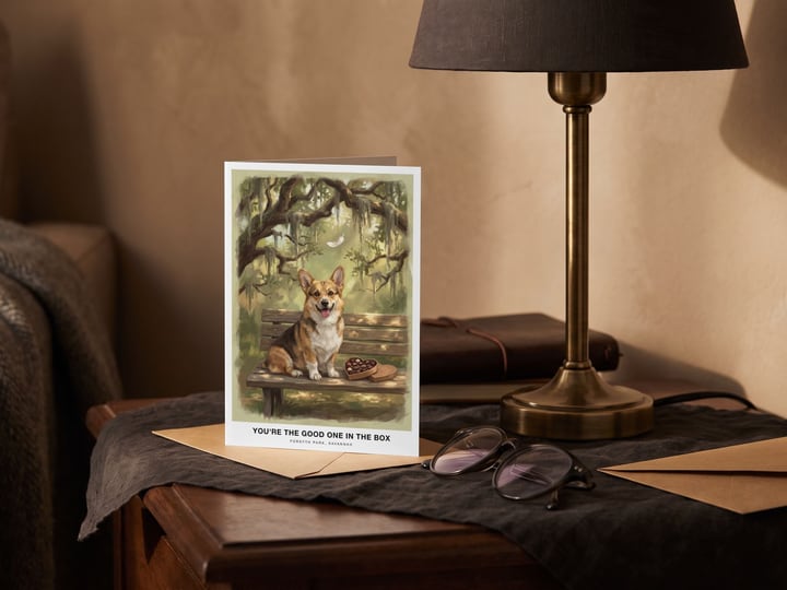 The "The Bench in Savannah" card — on a nightstand beside folded glasses
