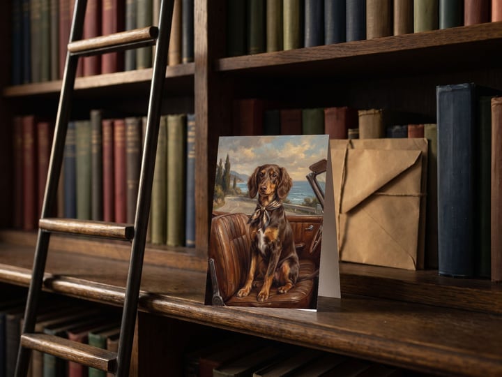 The "Riding Shotgun" card — on a library shelf beside a rolling ladder