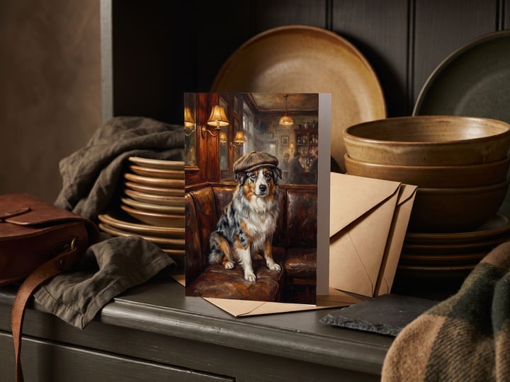 The "Golden Hour" card — on a kitchen hutch among stoneware plates