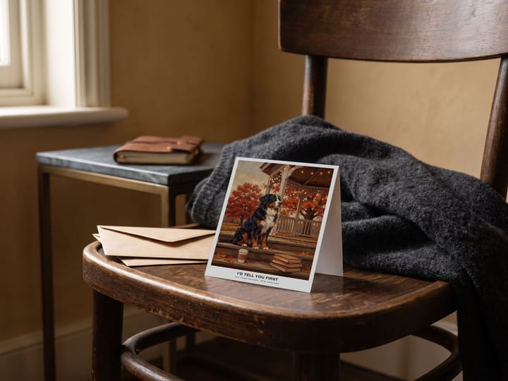 The "The Town Square" card — on a bedroom chair with a folded jumper