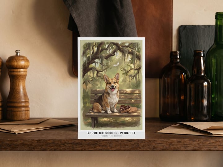 The "The Bench in Savannah" card — on a kitchen shelf beside a pepper mill