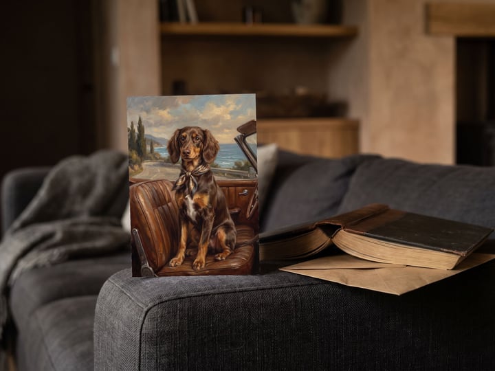 The "Riding Shotgun" card — on a sofa arm beside an open book
