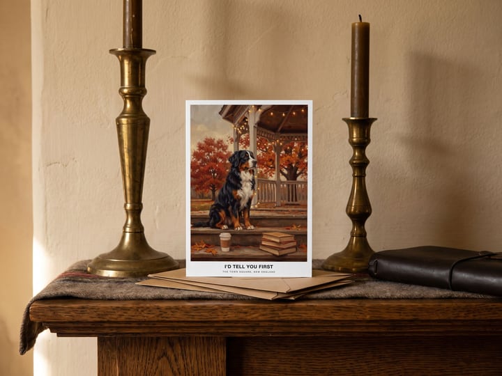 The "The Town Square" card — on a mantel between brass candlesticks