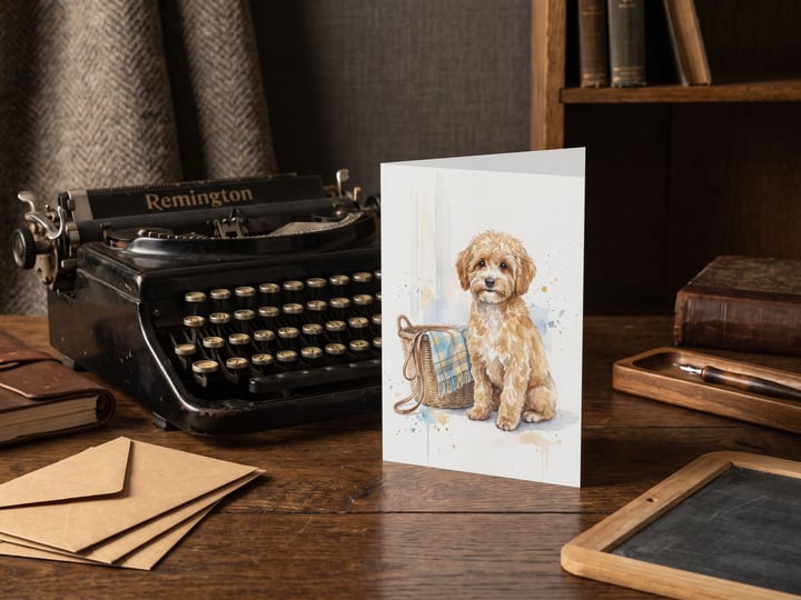 The "Welcome Home" card — beside a vintage typewriter