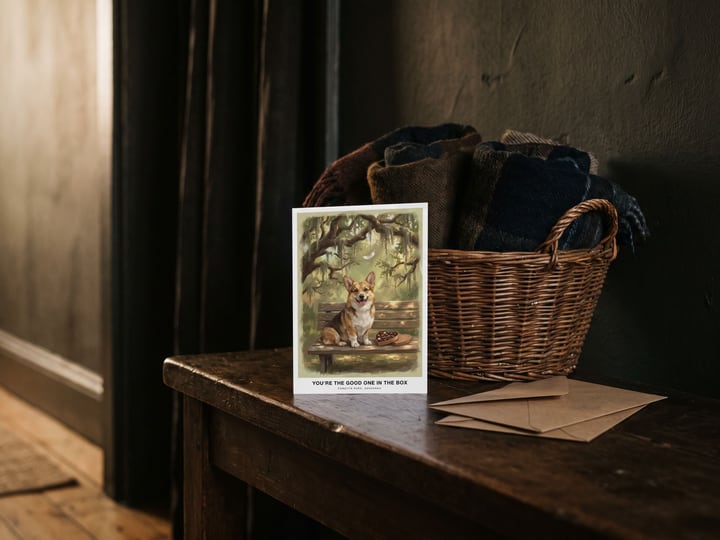 The "The Bench in Savannah" card — on a hallway bench beside a basket of scarves