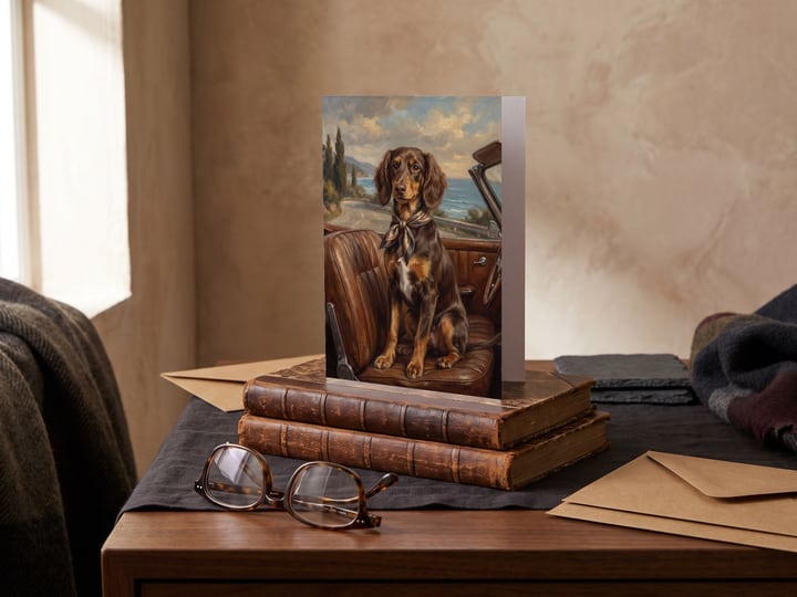 The "Riding Shotgun" card — on stacked books on a bedside table