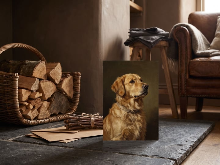 The "The Keepsake" card — on a hearth beside a basket of logs