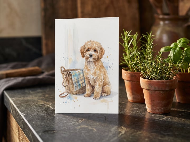 The "Welcome Home" card — beside terracotta pots of herbs
