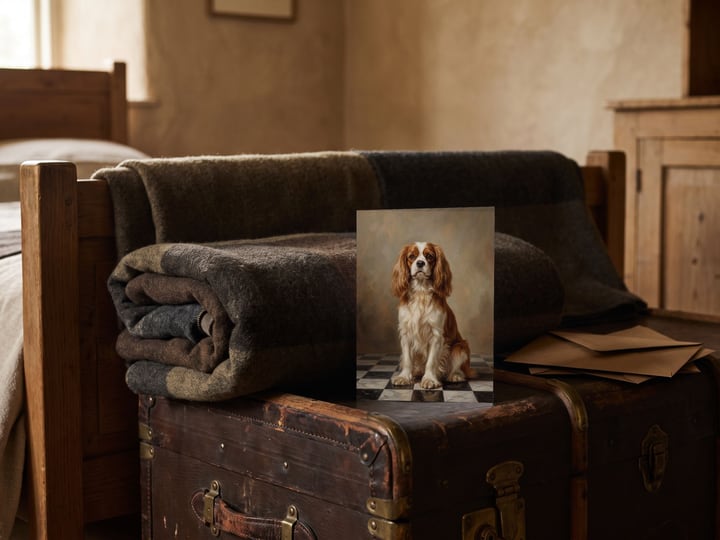 The "The Aristocrat" card — on a leather trunk at the foot of a bed