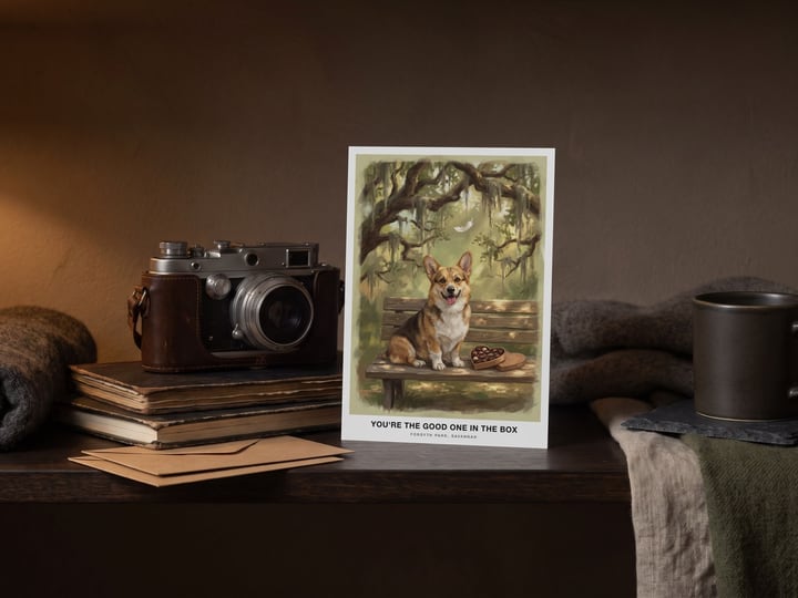 The "The Bench in Savannah" card — beside a vintage camera