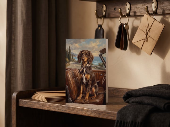The "Riding Shotgun" card — on an entry shelf under key hooks