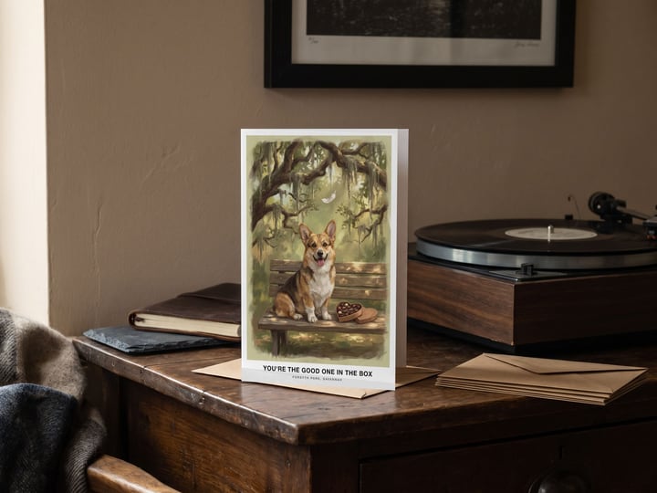 The "The Bench in Savannah" card — beside a record player