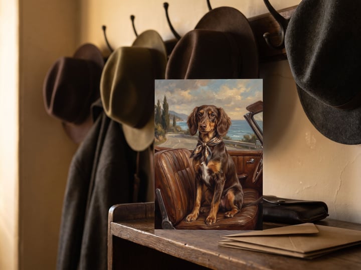 The "Riding Shotgun" card — under a row of felt hats