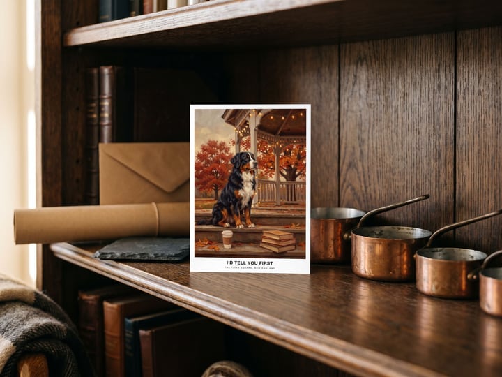 The "The Town Square" card — beside copper pots on a shelf