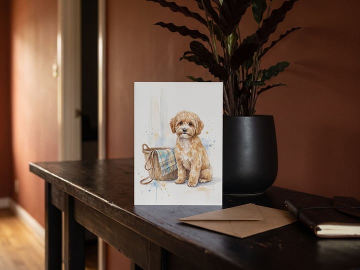 The "Welcome Home" card — beside a dark-leafed plant
