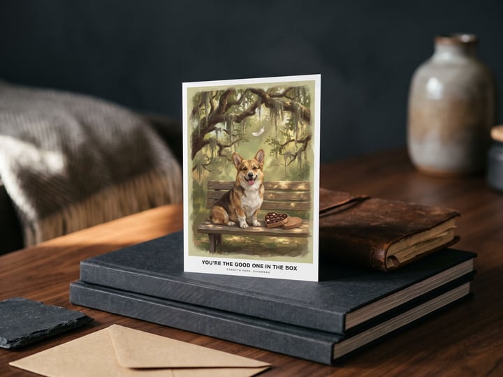 The "The Bench in Savannah" card — on a stack of magazines
