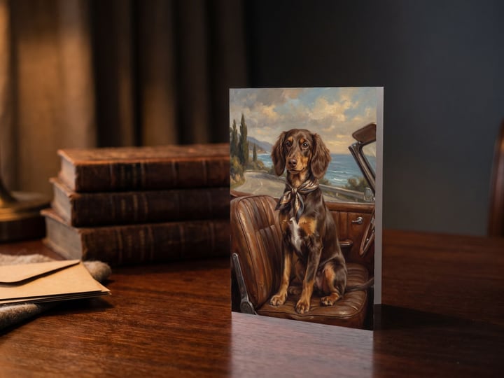 The "Riding Shotgun" card — beside leather-bound books