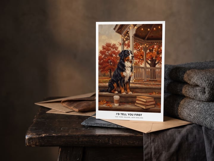 The "The Town Square" card — on a bedroom bench