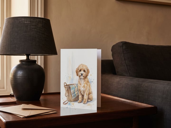 The "Welcome Home" card — beside an unlit ceramic lamp