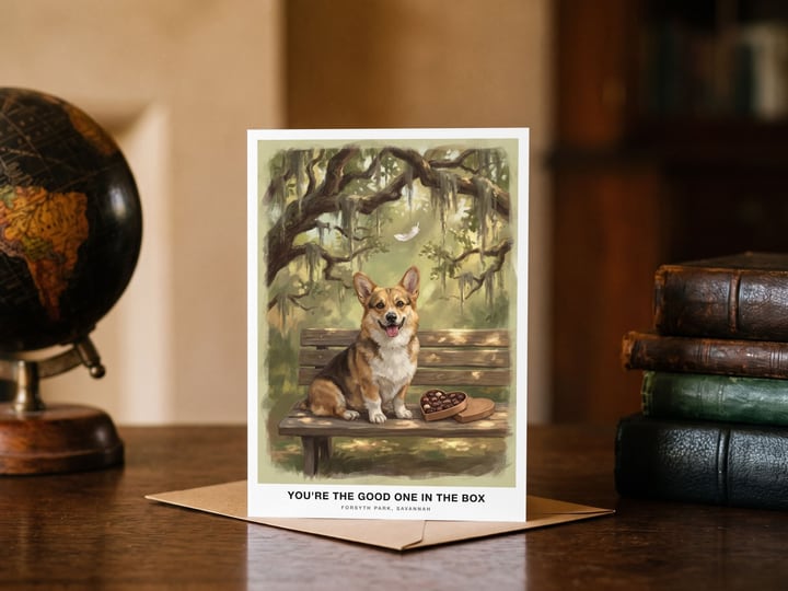 The "The Bench in Savannah" card — between a globe and books